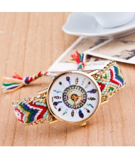 Vintage Peacock Feather Design Clock Face Weaving Chain Fashion Wrist Watch - No.7