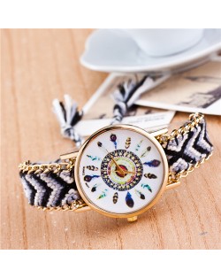 Vintage Peacock Feather Design Clock Face Weaving Chain Fashion Wrist Watch - No.1