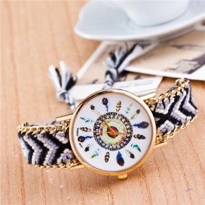 Vintage Peacock Feather Design Clock Face Weaving Chain Fashion Wrist Watch - No.1