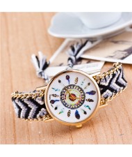 Vintage Peacock Feather Design Clock Face Weaving Chain Fashion Wrist Watch - No.1