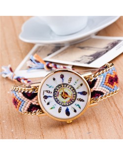 Vintage Peacock Feather Design Clock Face Weaving Chain Fashion Wrist Watch - No.2