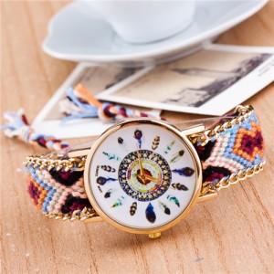 Vintage Peacock Feather Design Clock Face Weaving Chain Fashion Wrist Watch - No.2