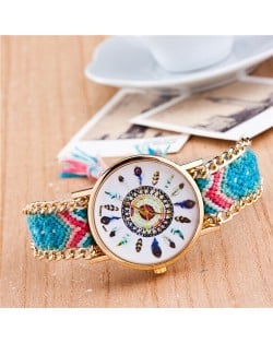 Vintage Peacock Feather Design Clock Face Weaving Chain Fashion Wrist Watch - No.3