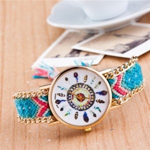 Vintage Peacock Feather Design Clock Face Weaving Chain Fashion Wrist Watch - No.3
