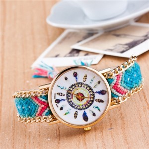 Vintage Peacock Feather Design Clock Face Weaving Chain Fashion Wrist Watch - No.3