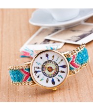 Vintage Peacock Feather Design Clock Face Weaving Chain Fashion Wrist Watch - No.3
