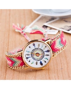 Vintage Peacock Feather Design Clock Face Weaving Chain Fashion Wrist Watch - No.4