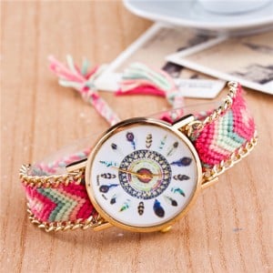 Vintage Peacock Feather Design Clock Face Weaving Chain Fashion Wrist Watch - No.4