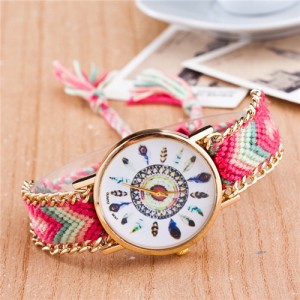 Vintage Peacock Feather Design Clock Face Weaving Chain Fashion Wrist Watch - No.4