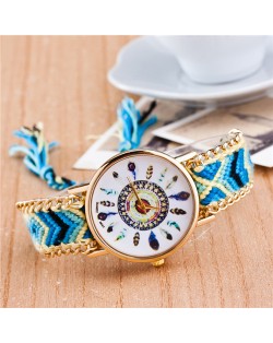 Vintage Peacock Feather Design Clock Face Weaving Chain Fashion Wrist Watch - No.5