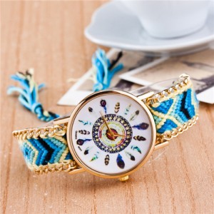 Vintage Peacock Feather Design Clock Face Weaving Chain Fashion Wrist Watch - No.5