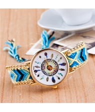 Vintage Peacock Feather Design Clock Face Weaving Chain Fashion Wrist Watch - No.5