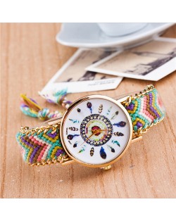 Vintage Peacock Feather Design Clock Face Weaving Chain Fashion Wrist Watch - No.6