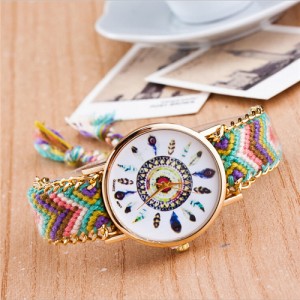 Vintage Peacock Feather Design Clock Face Weaving Chain Fashion Wrist Watch - No.6