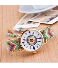 Vintage Peacock Feather Design Clock Face Weaving Chain Fashion Wrist Watch - No.6