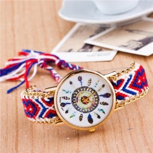Vintage Peacock Feather Design Clock Face Weaving Chain Fashion Wrist Watch - No.8