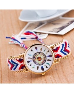 Vintage Peacock Feather Design Clock Face Weaving Chain Fashion Wrist Watch - No.9