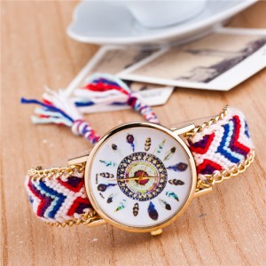 Vintage Peacock Feather Design Clock Face Weaving Chain Fashion Wrist Watch - No.9