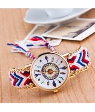 Vintage Peacock Feather Design Clock Face Weaving Chain Fashion Wrist Watch - No.9