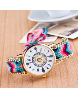 Vintage Peacock Feather Design Clock Face Weaving Chain Fashion Wrist Watch - No.10