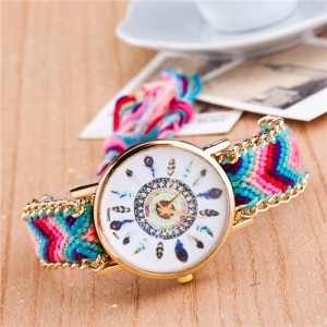 Vintage Peacock Feather Design Clock Face Weaving Chain Fashion Wrist Watch - No.10