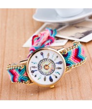 Vintage Peacock Feather Design Clock Face Weaving Chain Fashion Wrist Watch - No.10
