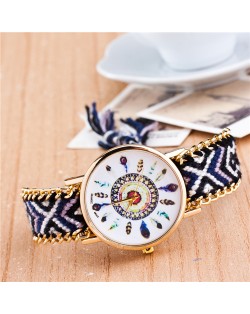 Vintage Peacock Feather Design Clock Face Weaving Chain Fashion Wrist Watch - No.11