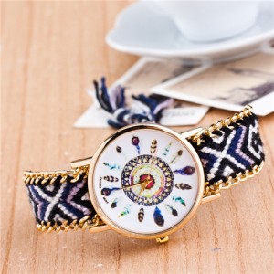 Vintage Peacock Feather Design Clock Face Weaving Chain Fashion Wrist Watch - No.11