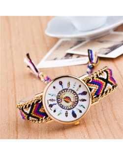 Vintage Peacock Feather Design Clock Face Weaving Chain Fashion Wrist Watch - No.12