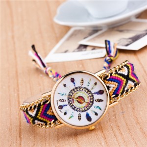 Vintage Peacock Feather Design Clock Face Weaving Chain Fashion Wrist Watch - No.12