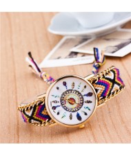 Vintage Peacock Feather Design Clock Face Weaving Chain Fashion Wrist Watch - No.12