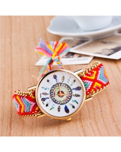 Vintage Peacock Feather Design Clock Face Weaving Chain Fashion Wrist Watch - No.13