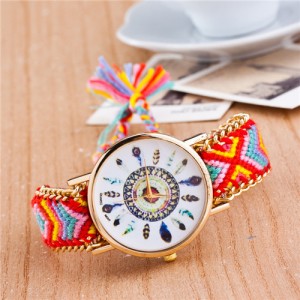 Vintage Peacock Feather Design Clock Face Weaving Chain Fashion Wrist Watch - No.13