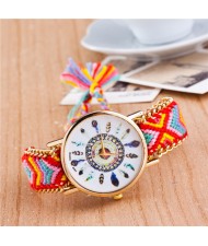 Vintage Peacock Feather Design Clock Face Weaving Chain Fashion Wrist Watch - No.13