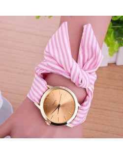 Simple Stripes Cloth Fashion Wrist Golden Watch - Pink
