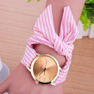 Simple Stripes Cloth Fashion Wrist Golden Watch - Pink