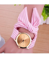 Simple Stripes Cloth Fashion Wrist Golden Watch - Pink