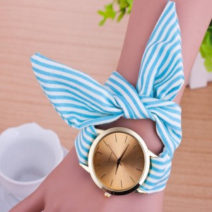 Simple Stripes Cloth Fashion Wrist Golden Watch - Blue