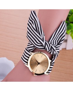 Simple Stripes Cloth Fashion Wrist Golden Watch - Black
