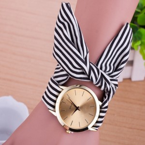 Simple Stripes Cloth Fashion Wrist Golden Watch - Black