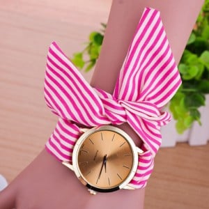 Simple Stripes Cloth Fashion Wrist Golden Watch - Rose