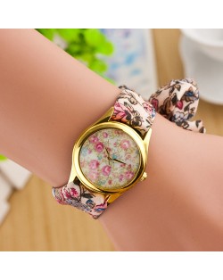 Tiny Flowers Prints Fashion Cloth Wrist Watch - Light Coffee