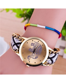 Handmade Weaving Braided Elephant Theme Golden Wrist Watch - Pattern 1