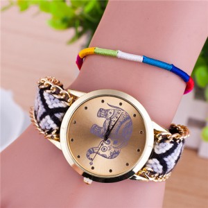 Handmade Weaving Braided Elephant Theme Golden Wrist Watch - Pattern 1