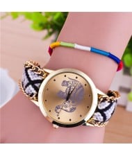 Handmade Weaving Braided Elephant Theme Golden Wrist Watch - Pattern 1