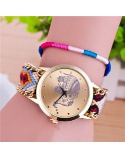 Handmade Weaving Braided Elephant Theme Golden Wrist Watch - Pattern 2