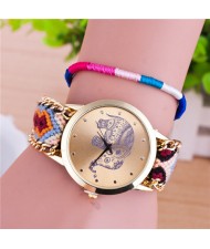 Handmade Weaving Braided Elephant Theme Golden Wrist Watch - Pattern 2