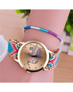 Handmade Weaving Braided Elephant Theme Golden Wrist Watch - Pattern 3