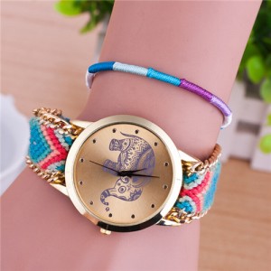 Handmade Weaving Braided Elephant Theme Golden Wrist Watch - Pattern 3