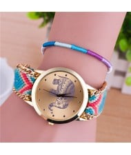 Handmade Weaving Braided Elephant Theme Golden Wrist Watch - Pattern 3